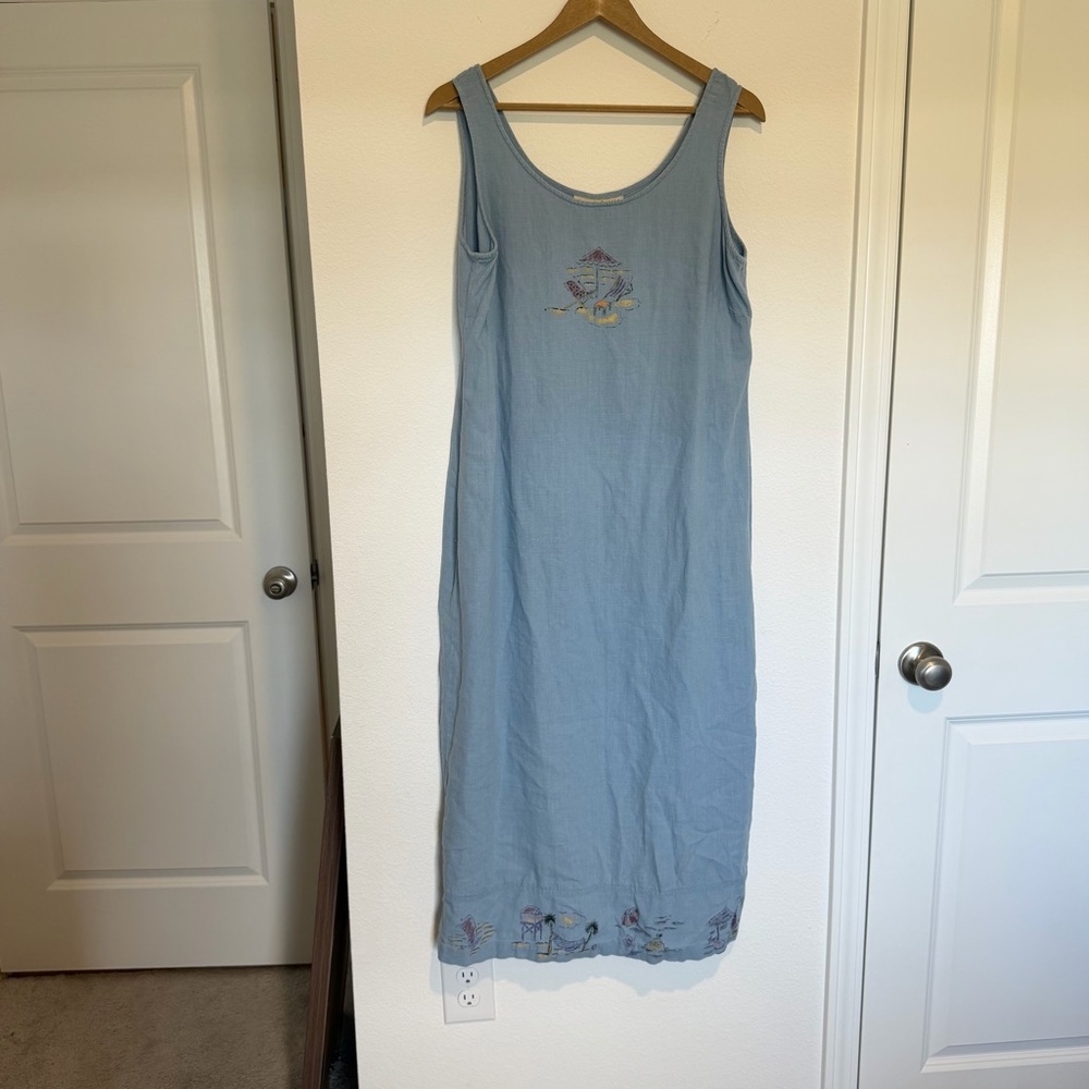 Vintage Sweet Jessie Linen Blend Maxi Dress Sz Large Petite Blue Beach Coastal